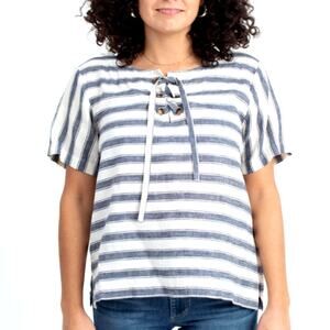 Madewell Striped Boxy Lace Up Tie Blouse Short Sleeve Linen Top Blue White Small